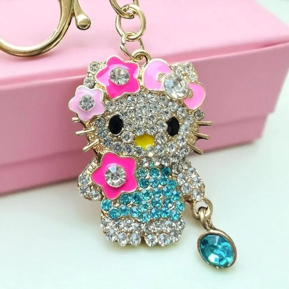 Cute Blue And Clear Crystal Flower Hello Kitty Keychain